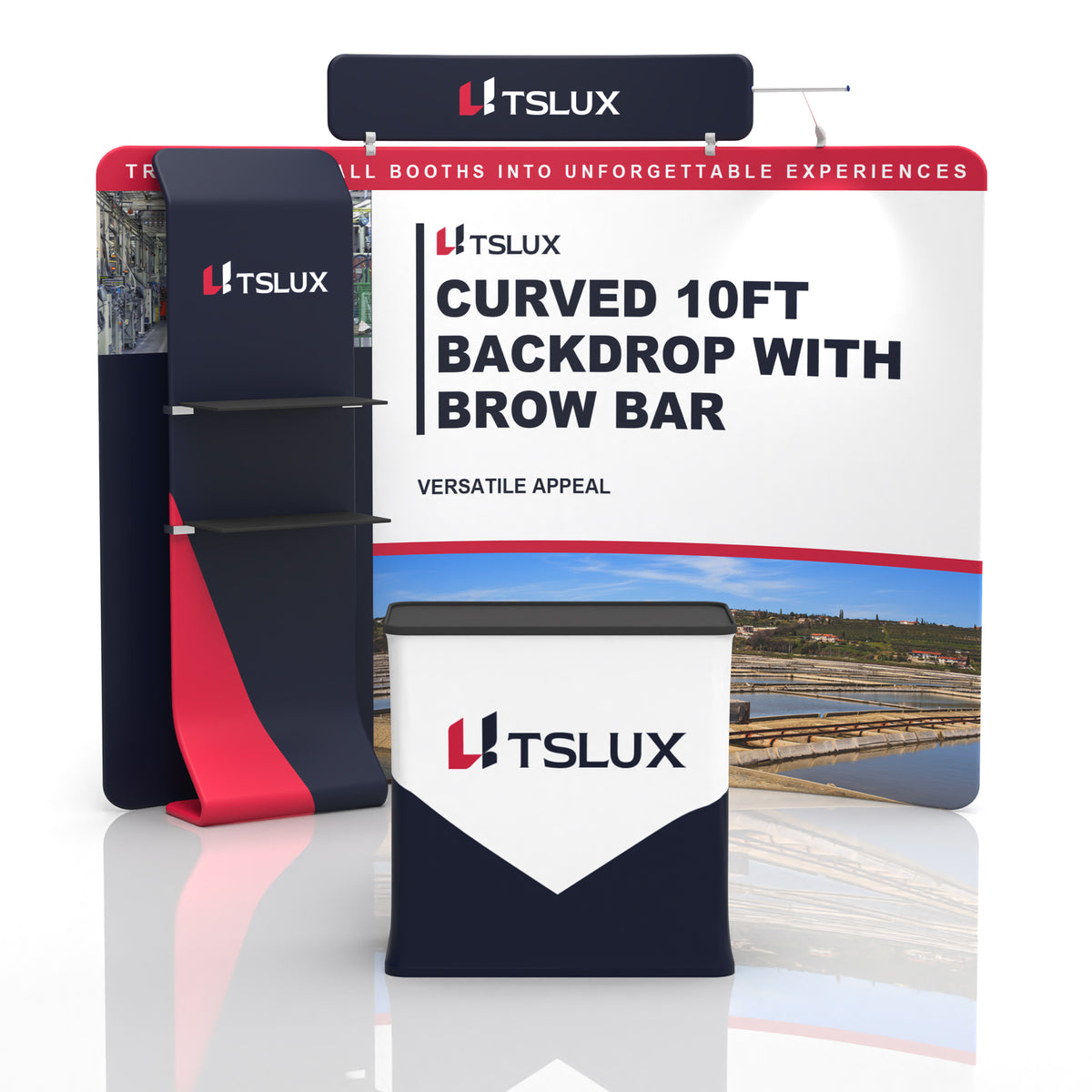 10' C-Shaped Tension Fabric Booths - Curved Shelf