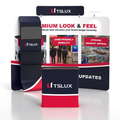 10' C-Shaped Tension Fabric Media Booths - Curved Shelf