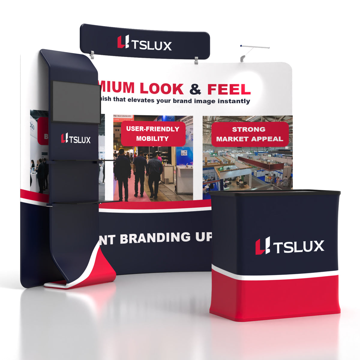 10' C-Shaped Tension Fabric Media Booths - Curved Shelf