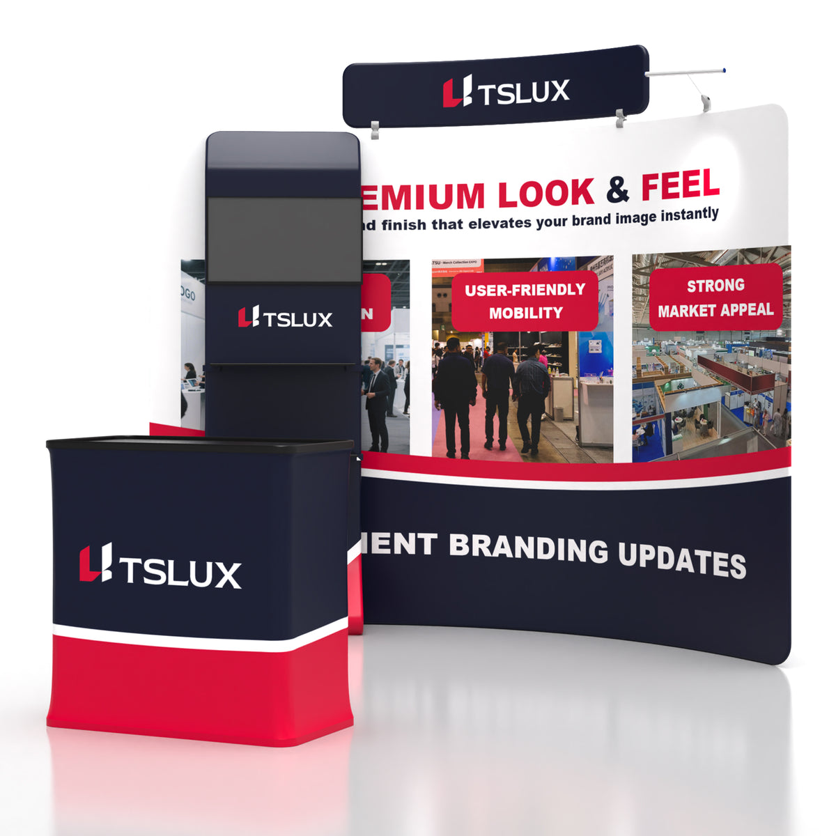 10' C-Shaped Tension Fabric Media Booths - Curved Shelf