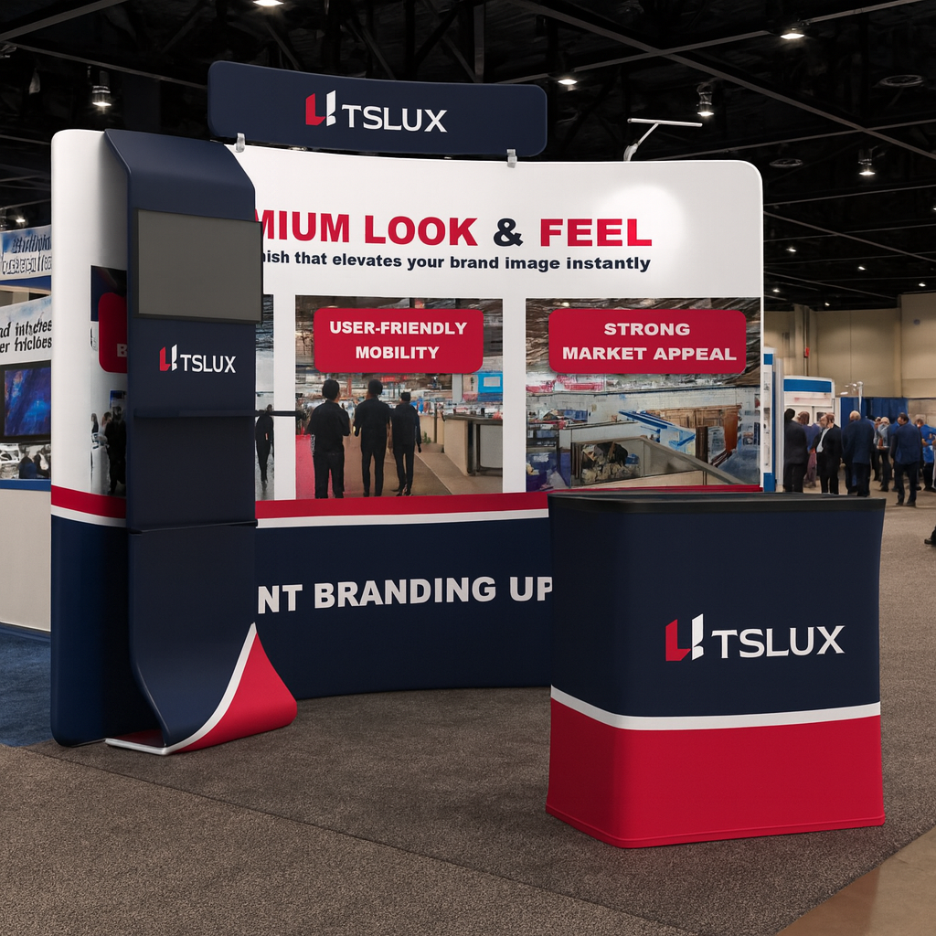 10' C-Shaped Tension Fabric Media Booths - Curved Shelf