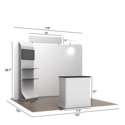 10' C-Shaped Tension Fabric Media Booths - Curved Shelf