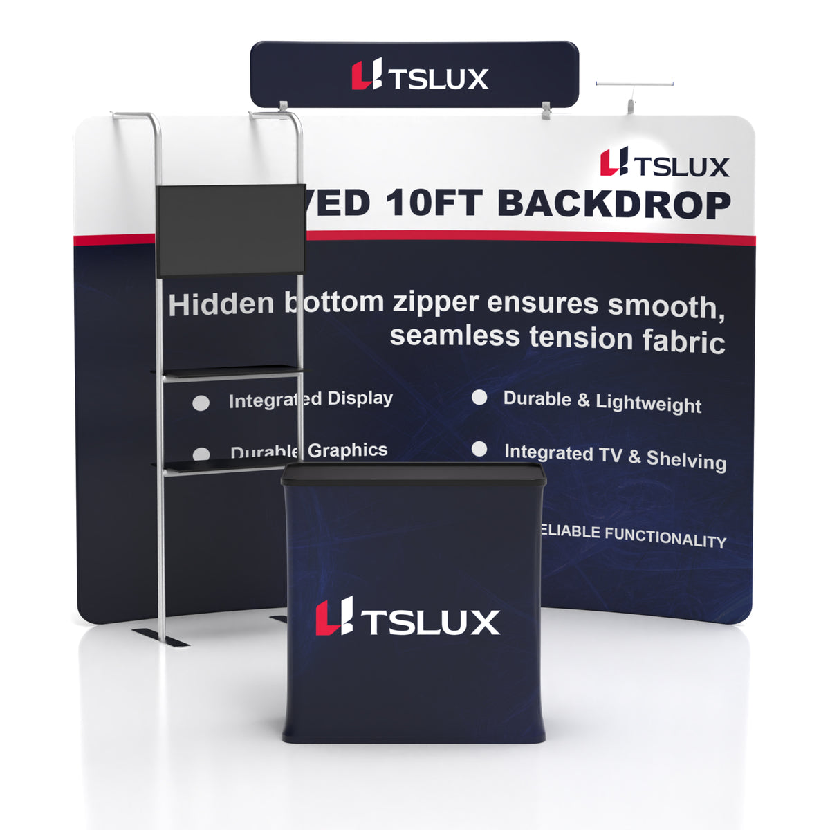 10' C-Shaped Tension Fabric Media Booths - Tube Shelf