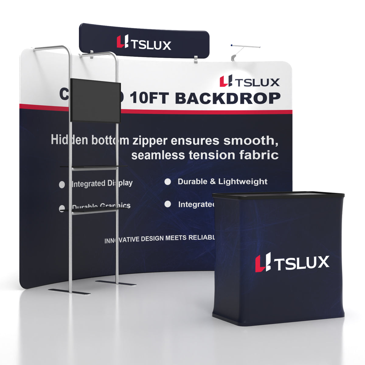 10' C-Shaped Tension Fabric Media Booths - Tube Shelf