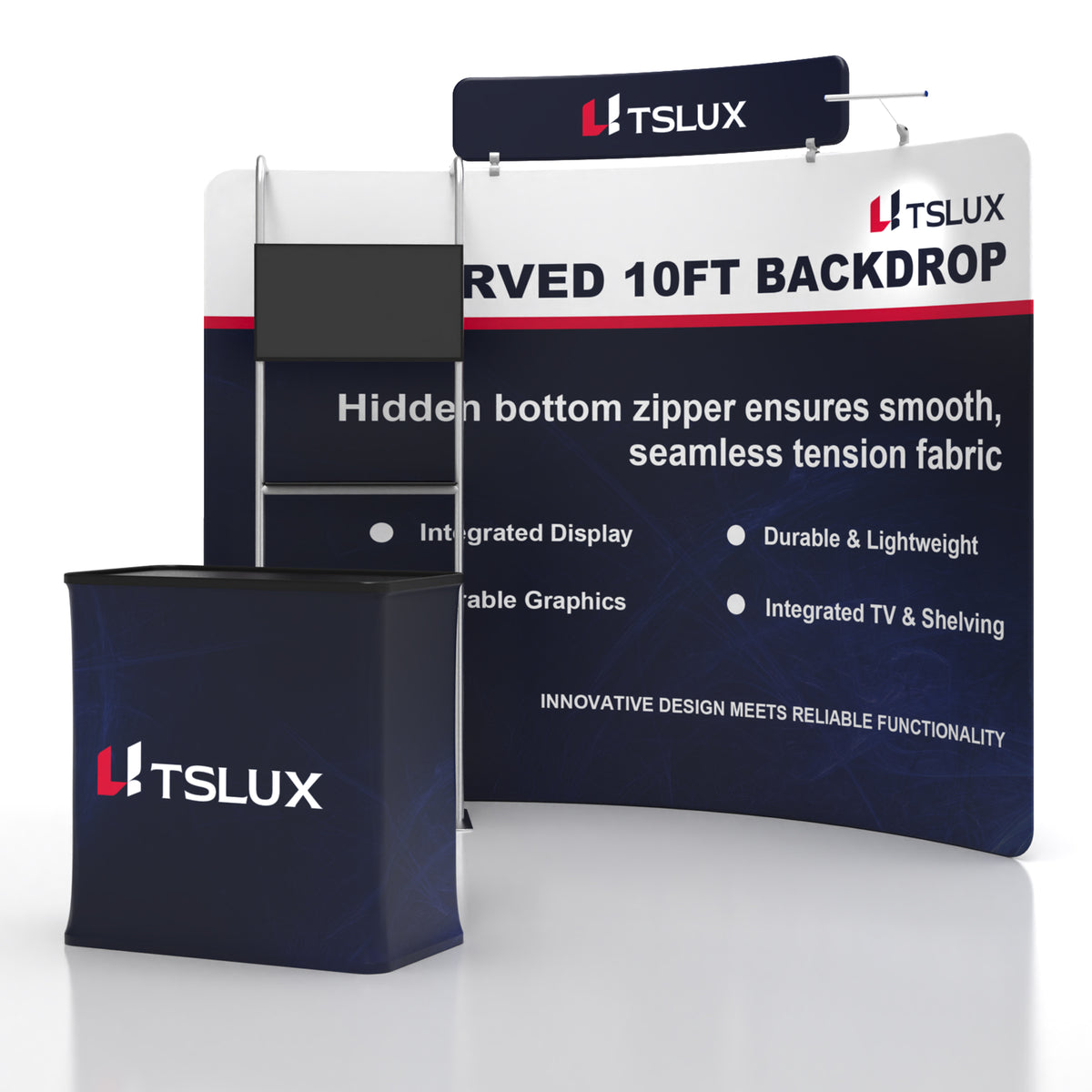 10' C-Shaped Tension Fabric Media Booths - Tube Shelf
