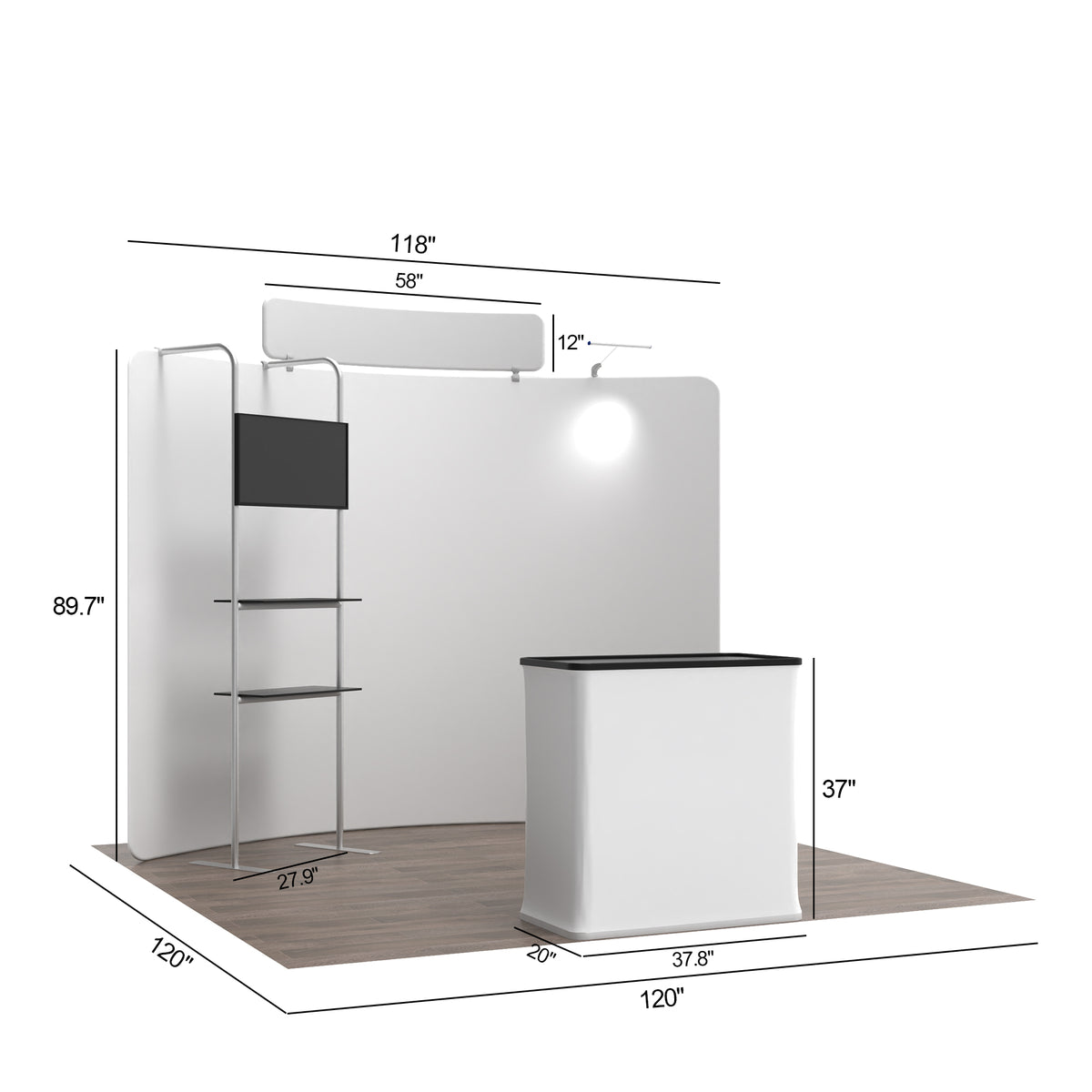 10' C-Shaped Tension Fabric Media Booths - Tube Shelf