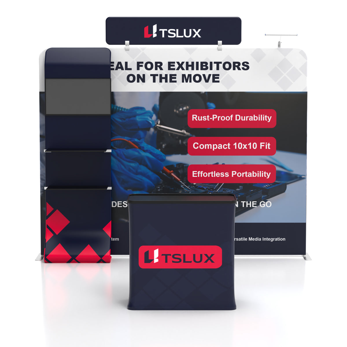 10' Straight Tension Fabric Media Booths - Curved Shelf