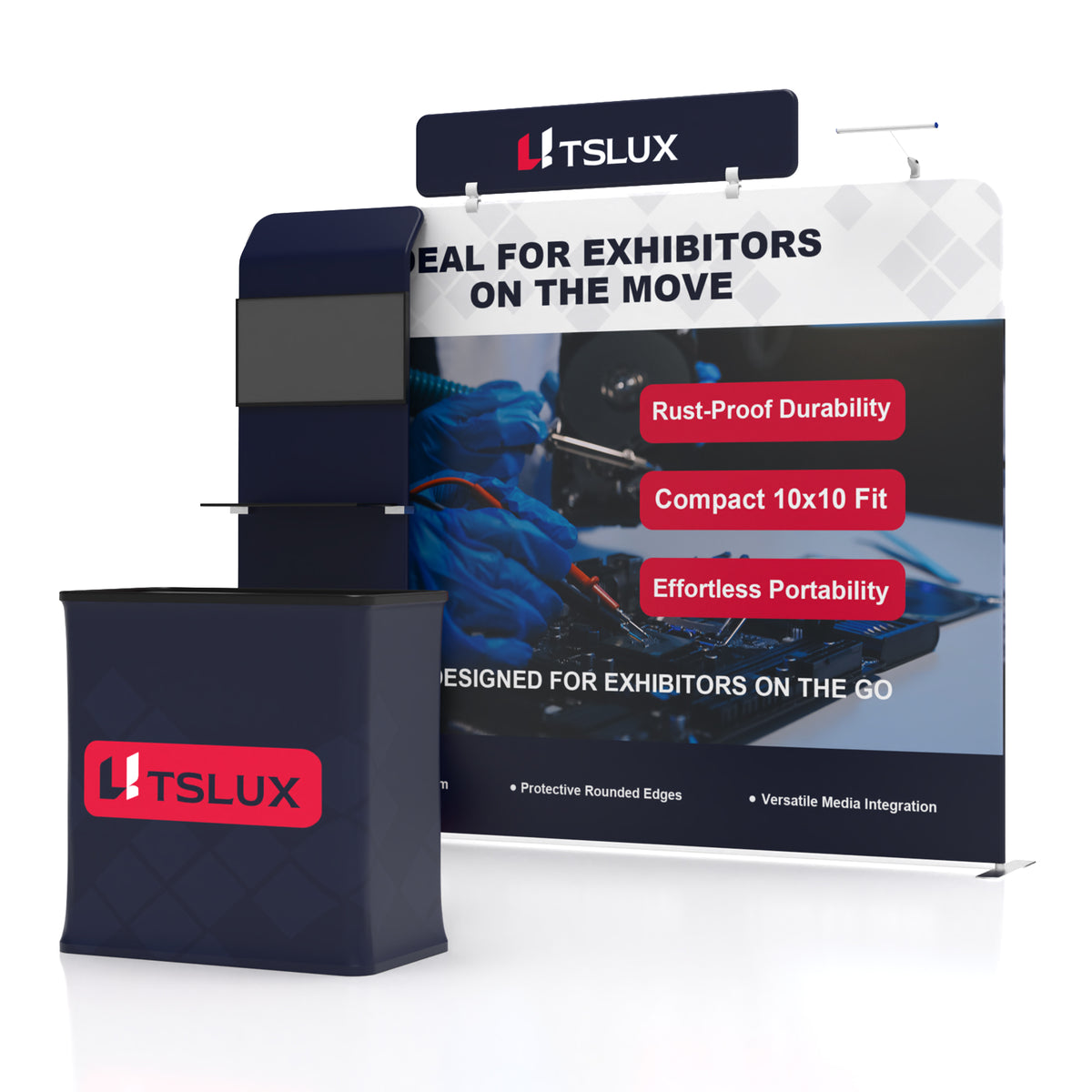 10' Straight Tension Fabric Media Booths - Curved Shelf
