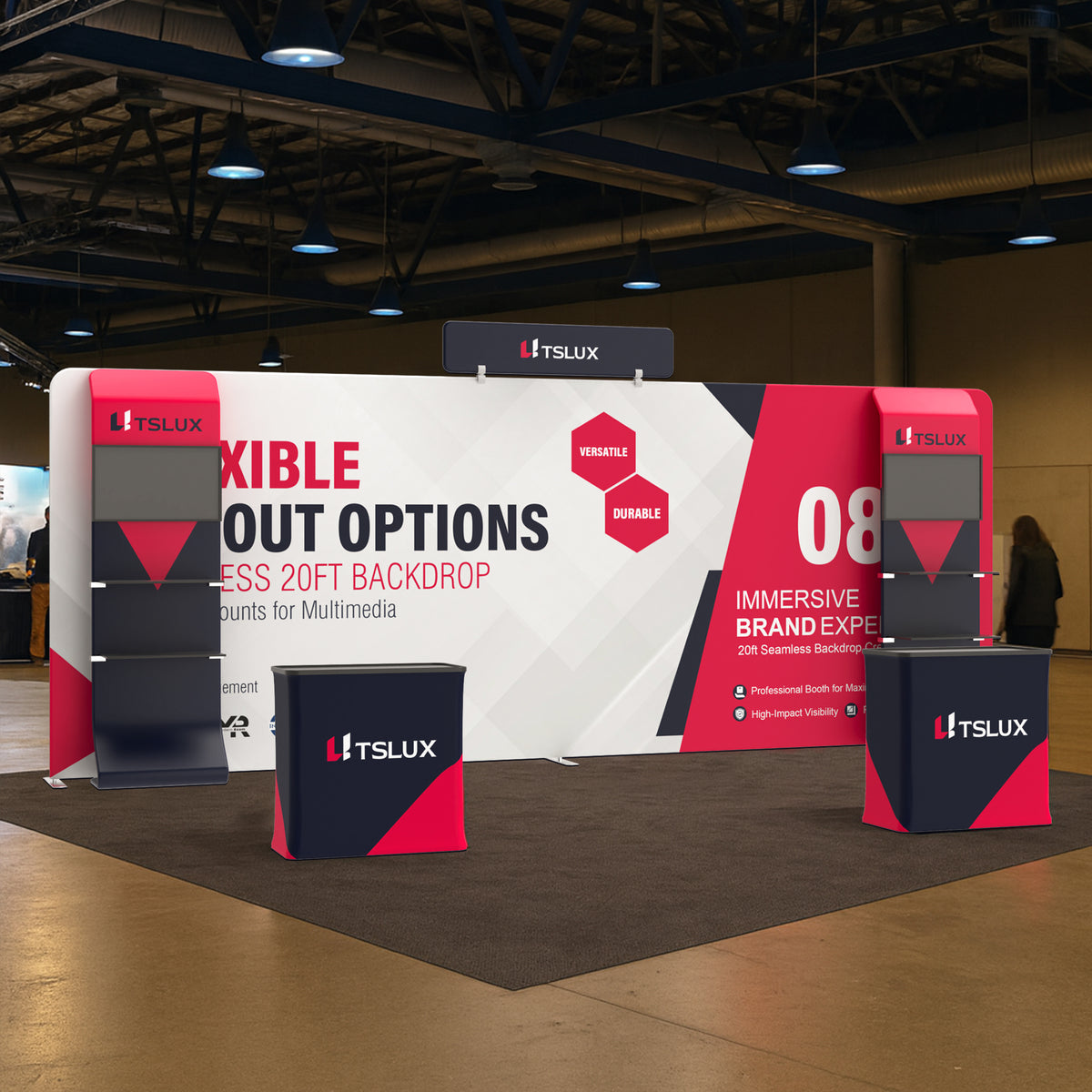 20' Straight Tension Fabric Media Booths - Curved Shelf