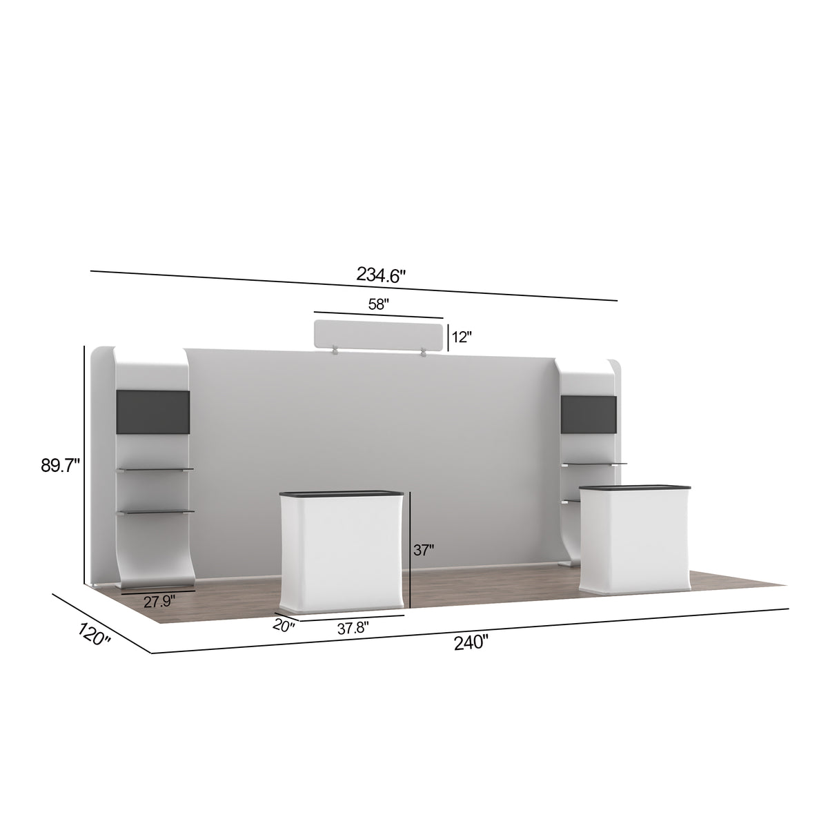 20' Straight Tension Fabric Media Booths - Curved Shelf